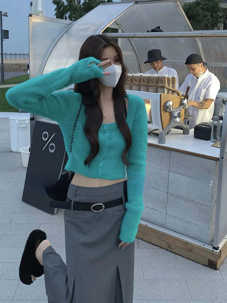 Square Collor Knit Sweater Women Sweet Elegant Y2k Crop Tops Female 2022 Autumn Pure Color Elegant Pullover Korean Clothing Chic