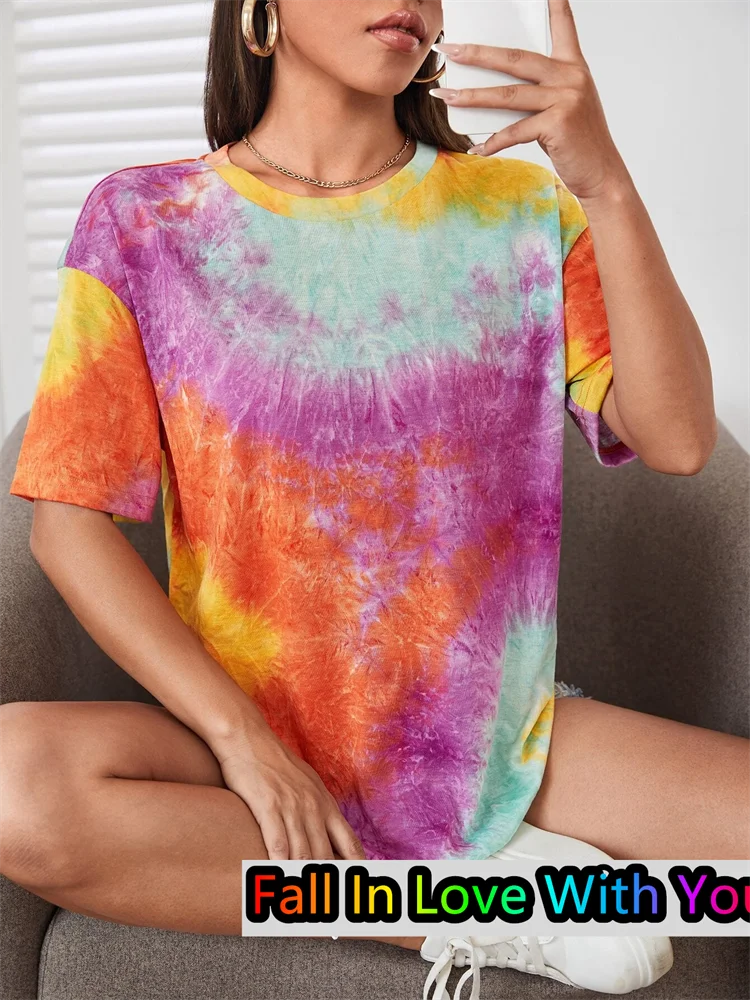 New Style Tie-Dye Drop Colorful T-Shirt Summer Oversized Women O-neck Tee Harajuku Trend Short Sleeve Female Streetwear Tops