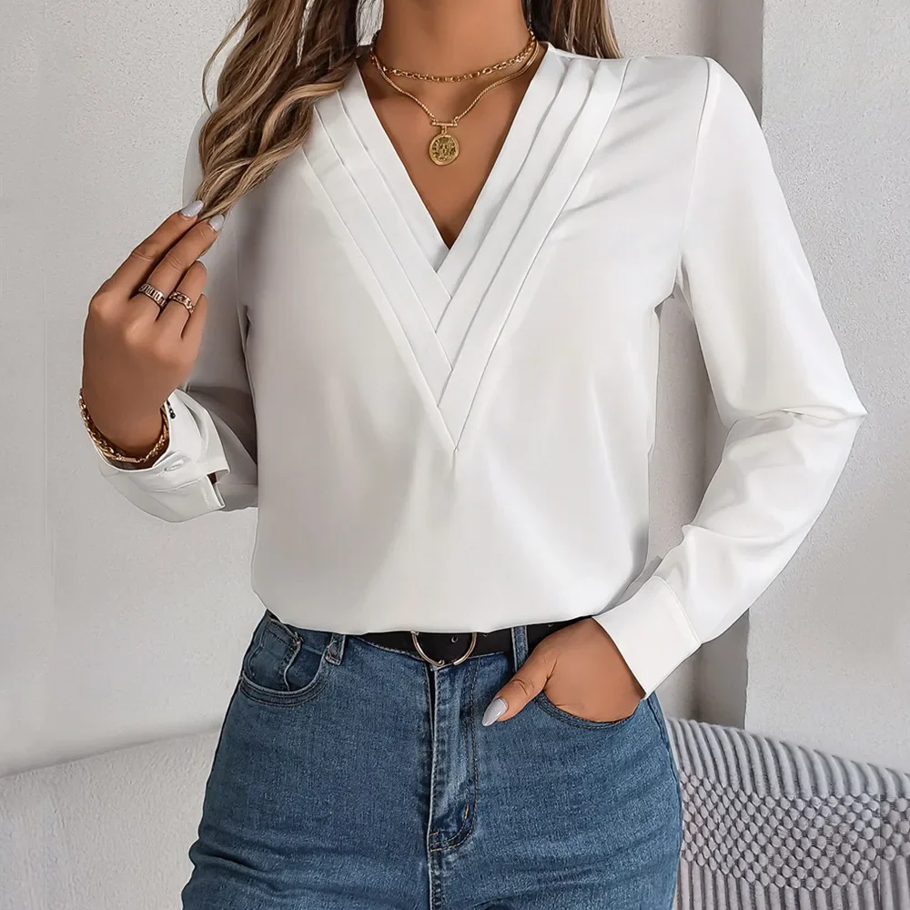 

Women Autumn Office Lady White Pullover Shirt Casual V Neck Long Sleeve Solid Basic OL Elegant Workwear Tunic Blouse Chemise Top