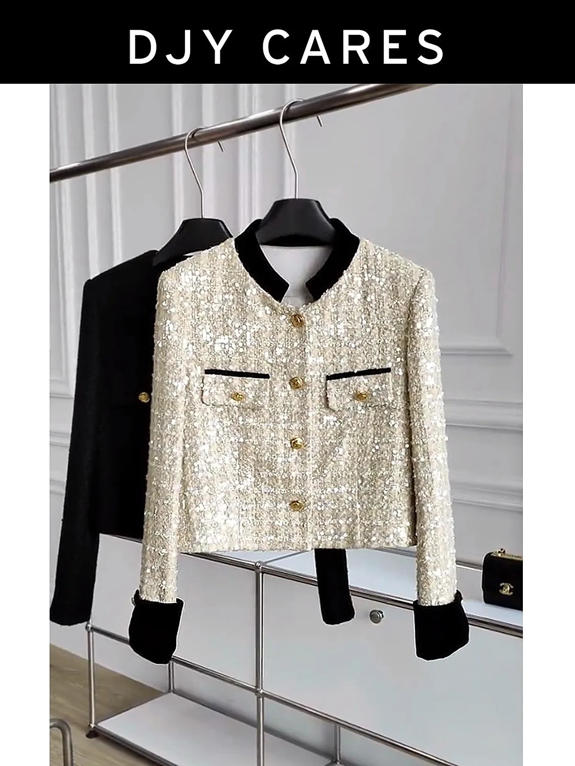 

New Coarse tweed sequin heavy coat velvet patchwork top
