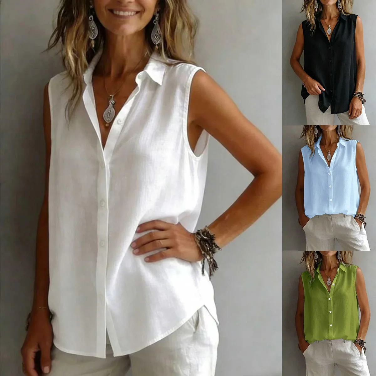 

2026 Solid Color Casual Collared Sleeveless Shirt