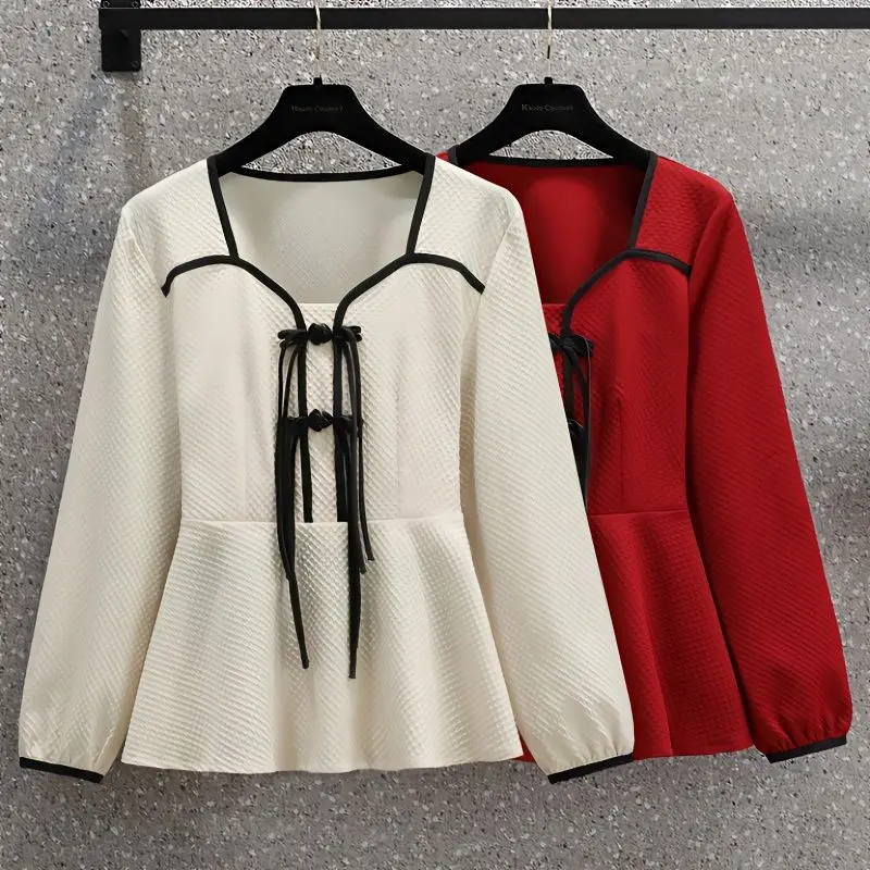 Elegant Long Sleeve Contrast Loose Tops Tees Women Clothing New Spring Autumn All-match Pleated Vintage T Shirts Fashion Casual