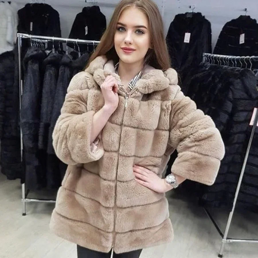 Manteau long à capuche pour femme, veste en fourrure de lapin Rex, pardessus de qualité, poignées, longueur amovible, mode