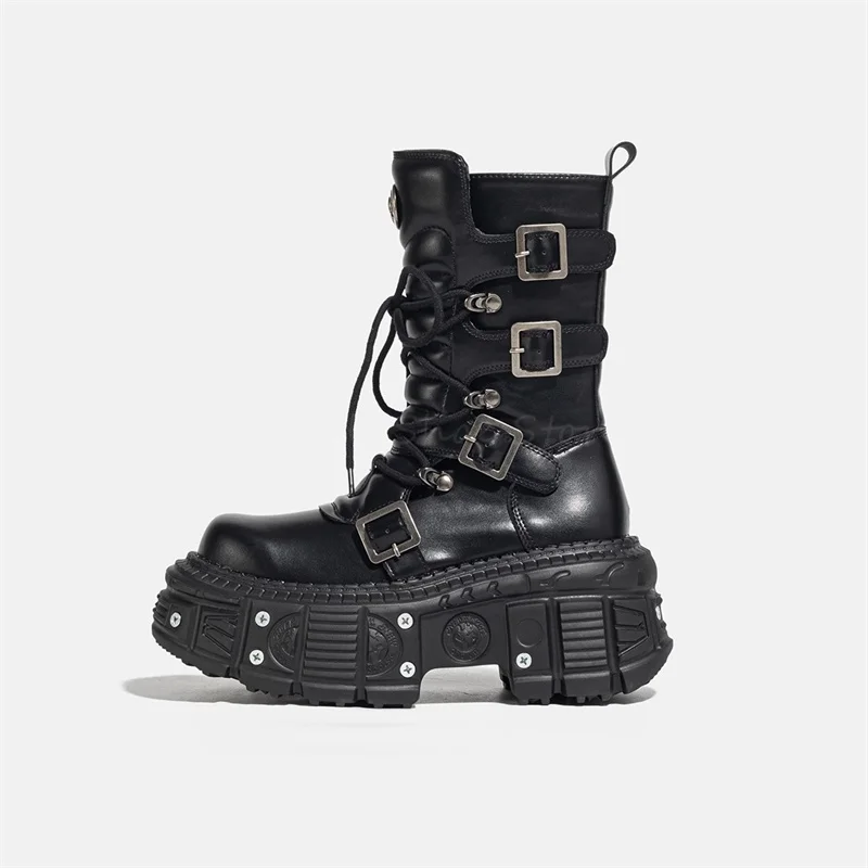 

Mid High Punk Boots Women's Thick Sole Lace Up Belt Buckle Short Boots Motorcycle Boots Gothic Black Strap Shoes Spanish Brand