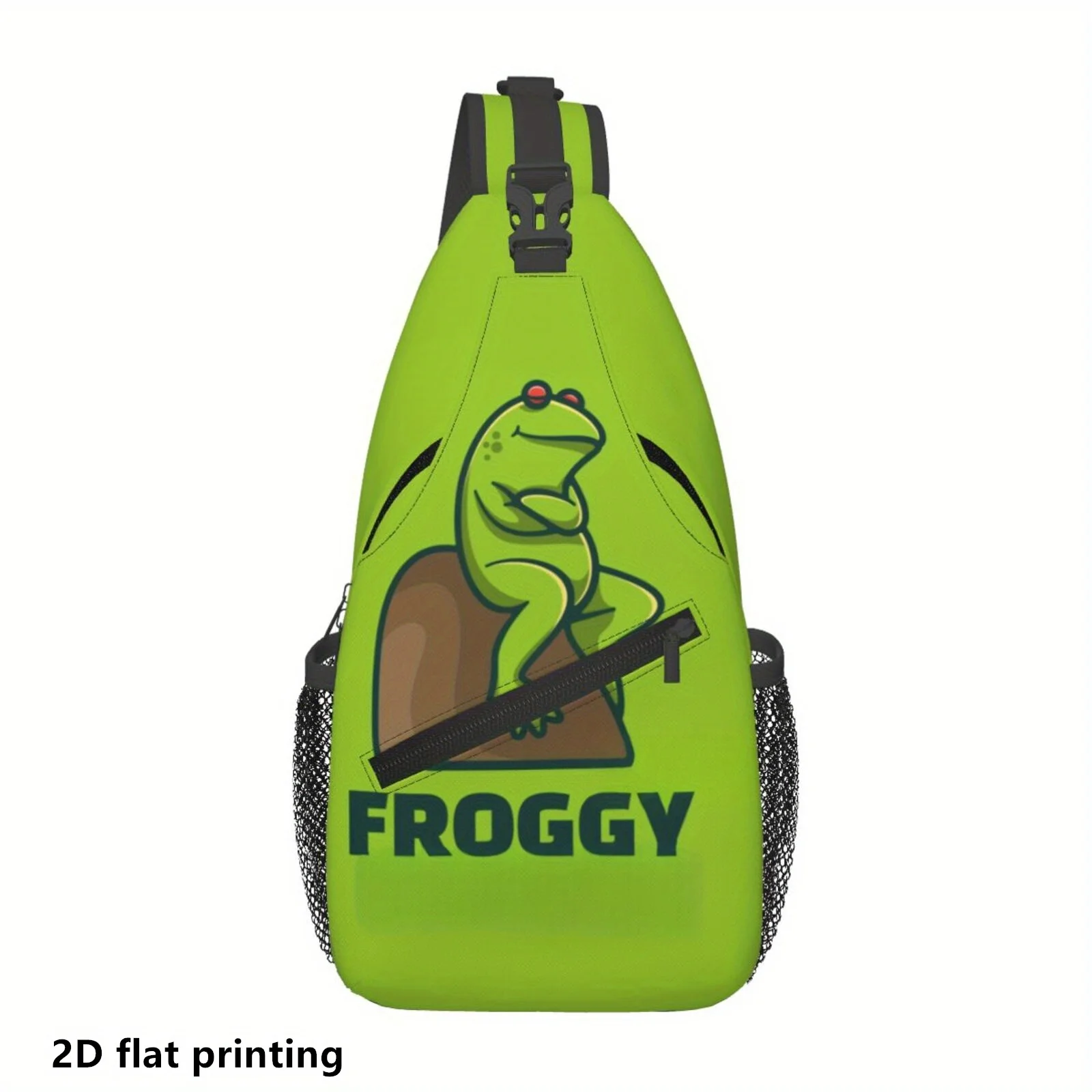 

1pc Froggy Print Neon Green Crossbody Sling Bag - Durable Polyester Adjustable Strap, Zipper Closure & Mesh Pockets