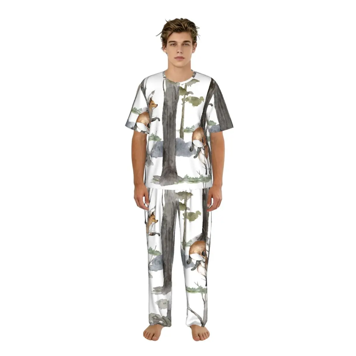 Men Pajamas Set Fox Cute Winter Background Short Sleeve Spring Summer Lounge Sleepwear Male Nightwear