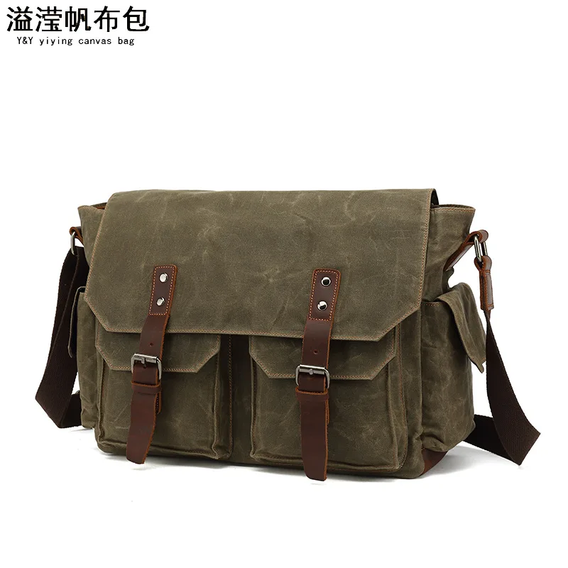 

Portable oblique span men's business shoulder briefcase travel oblique back computer bag canvas with mad horse leather fashionab