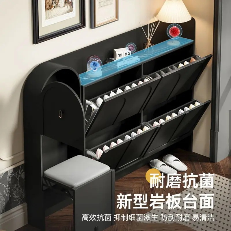 Simple French Retro Shoe Cabinet, Shoe Stool Integrated Door Entry Against The Wall Tipping Bucket Entrance Black Solid
