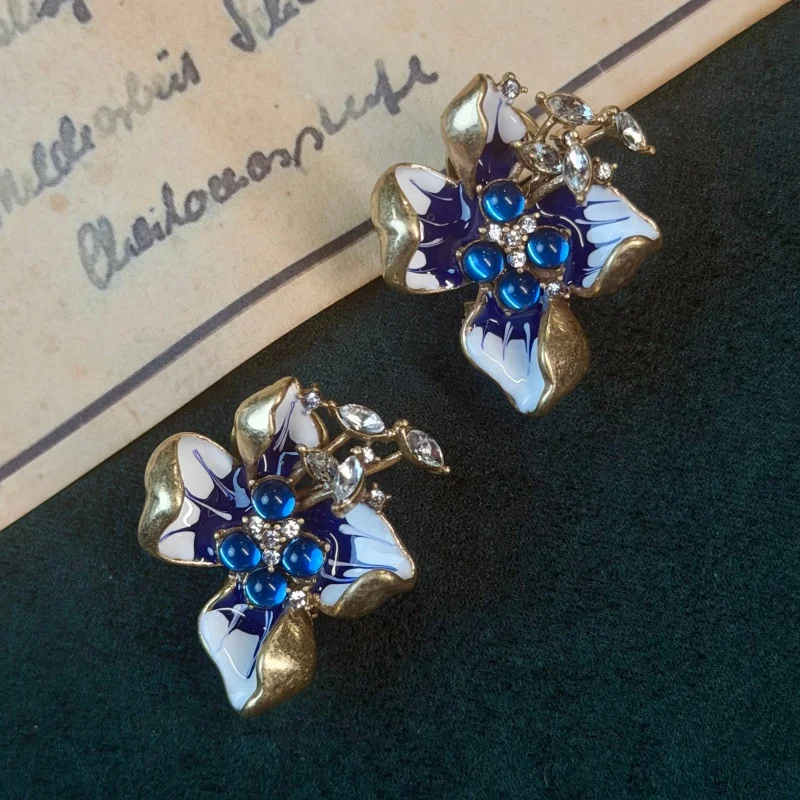 Vintage 3D Orchid Blue Rhinestone Lotus Studs Earrings For Woman Festival Gold Plated Brand High Quality Gift 2026 Trends New
