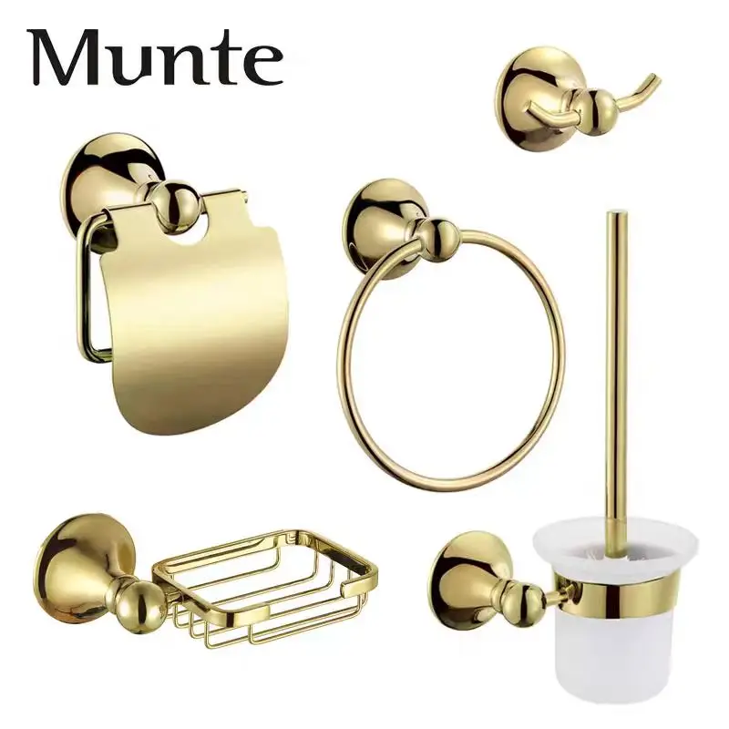 Golden Luxury Brass Bathroom Bathroom hardware accessories Set Towel rack Bathroom glass shelf Paper holder Clothing hooks Gold