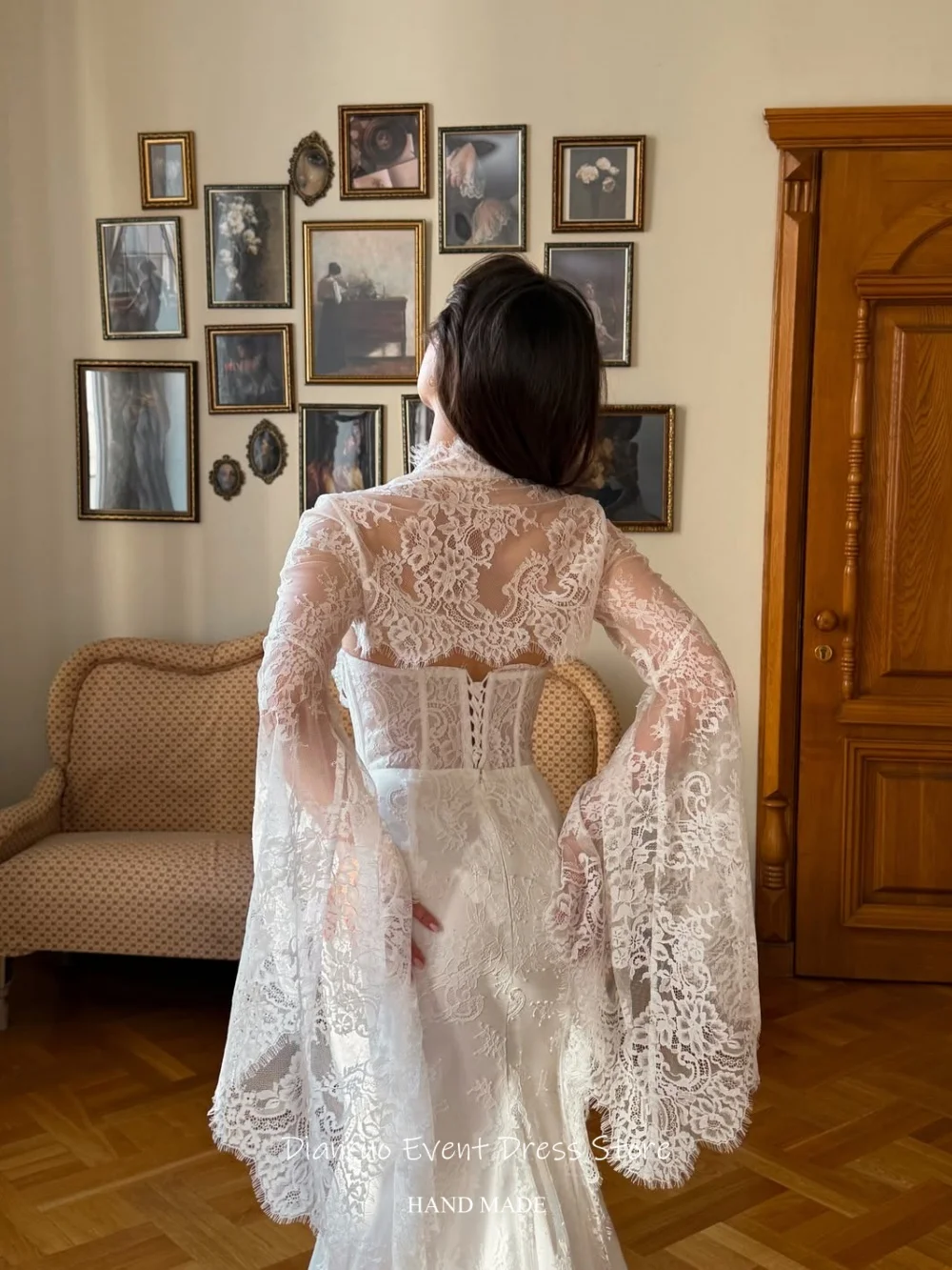 Dianruo Lace Flared Bell Long Sleeves Wedding Dress Luxury Pearls Sweetheart Vestido Novia Mermaid Robe De Mariée Customized