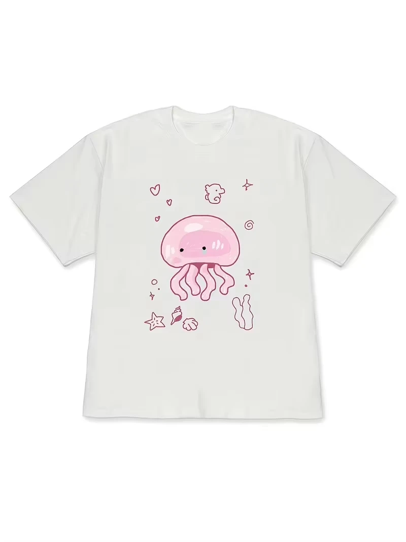 Cartoon Alien Space Graphic Tee Cute Hand Drawn Green UFO Planet Print Casual Crewneck Short Sleeve T-Shirt Women Fashion Top