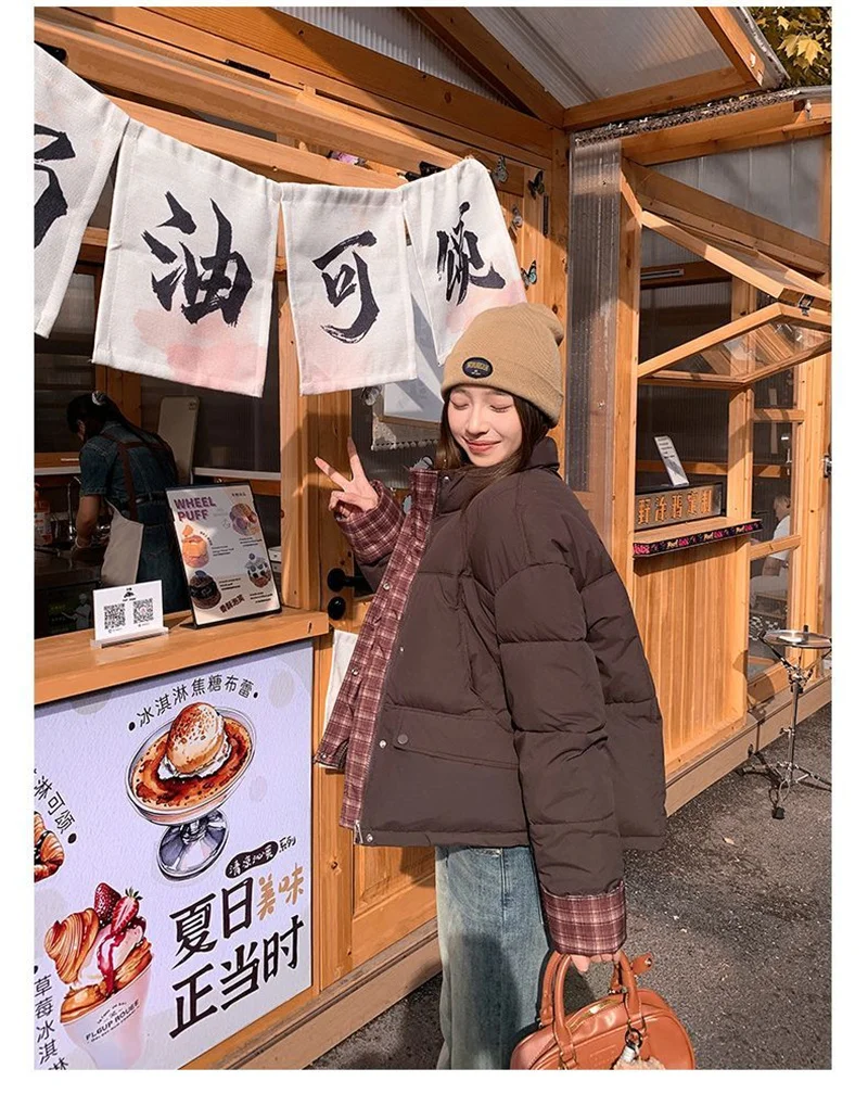 グリッドスプライシングコットンジャケット レディース ショート丈 2025秋冬新作 ショートコットンジャケット トップス レディース ブレッドジャケット