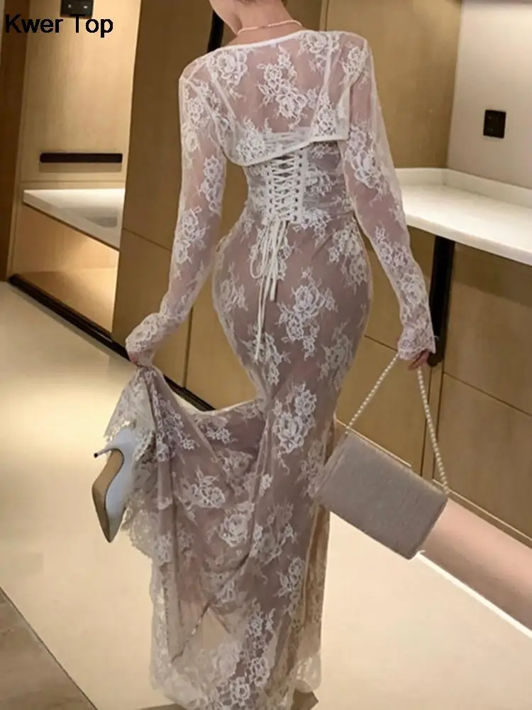 Elegant Bandage White Lace Wedding Dress Vintage Bodycon Evening Prom Mermaid Robe Women Summer Spaghetti Straps Vestidos Mujer