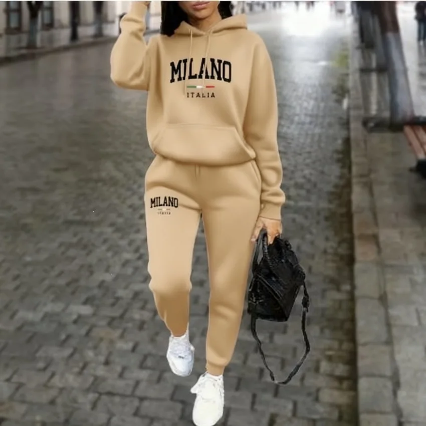 2027 Autumn Winter Women Sets 2pcs Hoodies Pants Suit Sports Outfits 2027 MILANO Letter Print Aesthetic Clothes Ladies Tracksuit