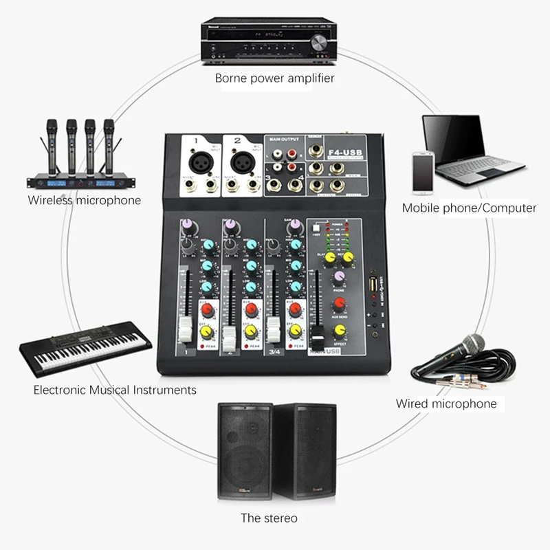 Sound Card Audio Mixer Sound Board Console Desk System Interface 4 Channel USB Bluetooth +48V Phantom Power (US Plug)