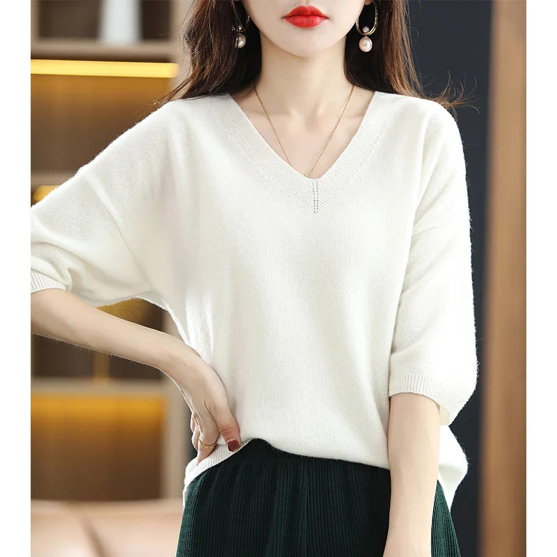 2024V-Neck Sweater Women Knit Short-Sleeve 100%Wool T-Shirt Summer New Pullovers Loose Thin Cashmere Solid Base Shirt Female Top