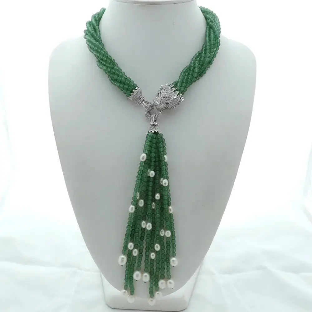 8Strands white freshwater pearl green jade necklace micro inlay zircon accessories leopard head Clasp Tassel pendant