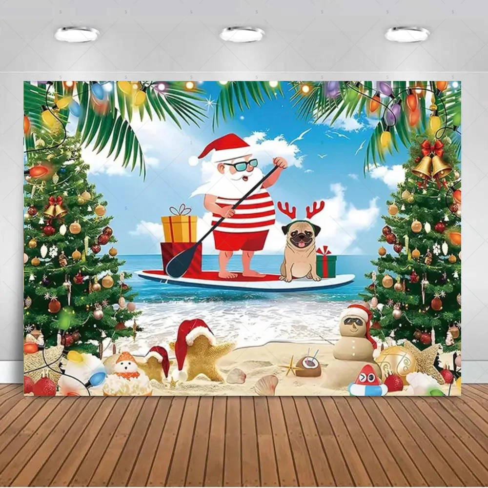 Meer Strand Weihnachtsmann Hintergrund liefert Weihnachtsfeier Dekorationen Weihnachtsbaum Schneemann Hintergrund Banner Fotoshooting Requisiten