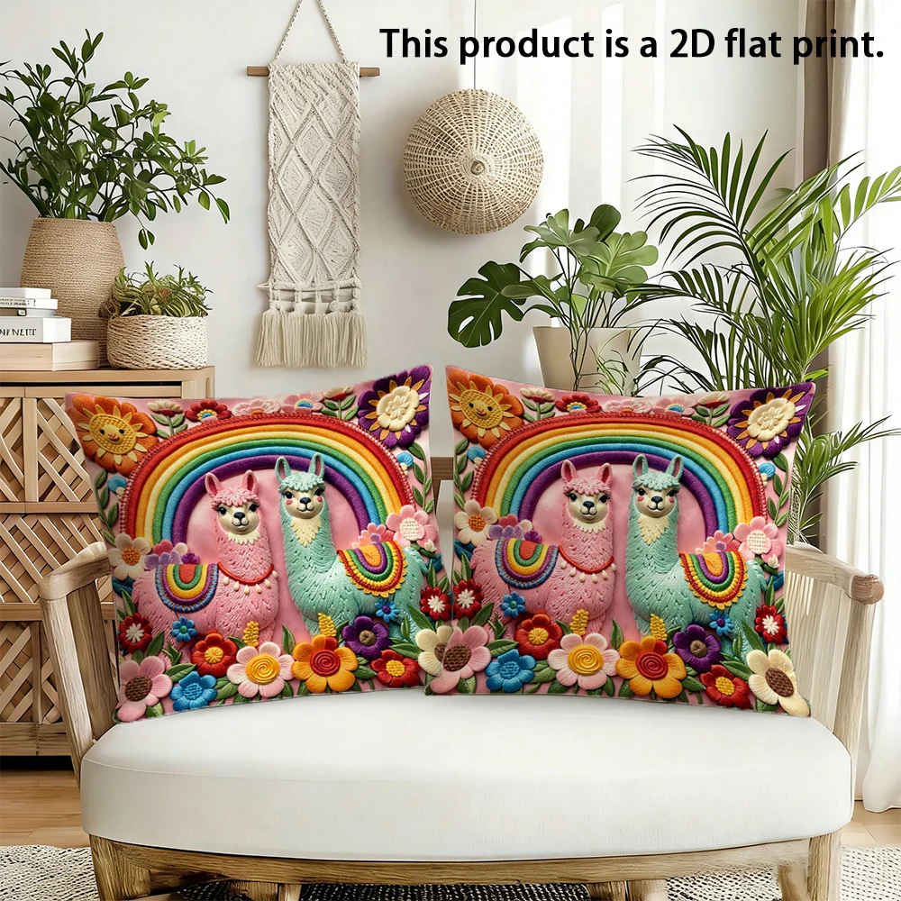 2pcs Bohemian Rainbow Llama Throw Pillow Covers Cute Floral Animal Decorative Cushion Cases for Home Sofa Bedroom Living Room