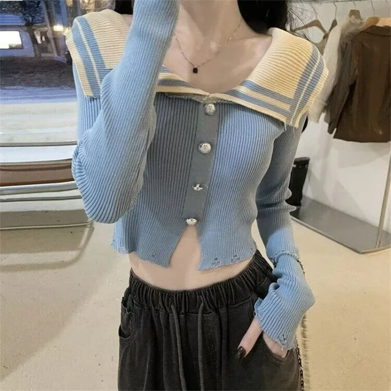 Sweet Sailor Collar Long Sleeve Knitted Sweater Pullover Women's 2024 Autumn New Slim-fit Split Constracting Color Cropped Top