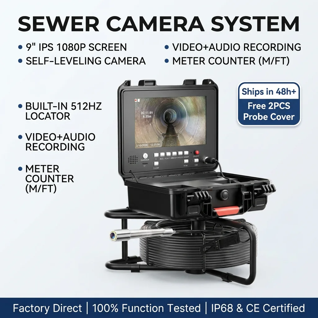 Sewer Pipe Inspection Camera 9" IPS 1080P Screen and  Self-Leveling +512HZ Locator Video+Audio Recording +Meter Counter