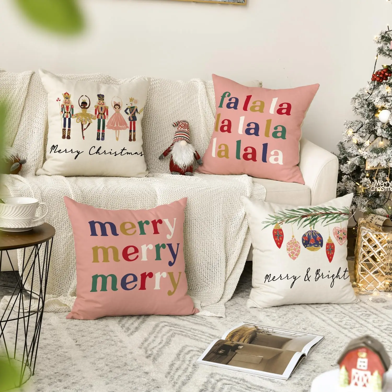 Merry Christmas Nutcracker Pink Throw Pillow Cover, 45x45cm Winter Holiday Party Cushion Cover Sofa Linen Square