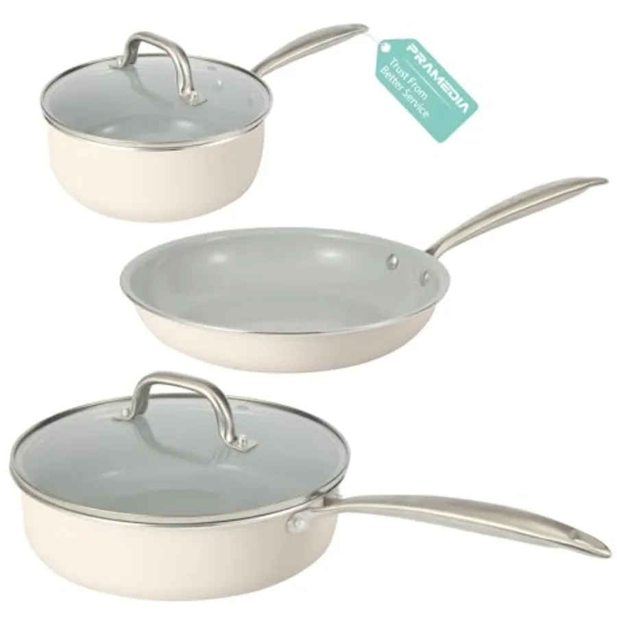 

Набор кастрюль и сковородок с антипригарным покрытием, 5 предметов, керамическая посуда, ручки из нержавеющей стали, совместим с индукционными плитами и духовками, нетоксичный.