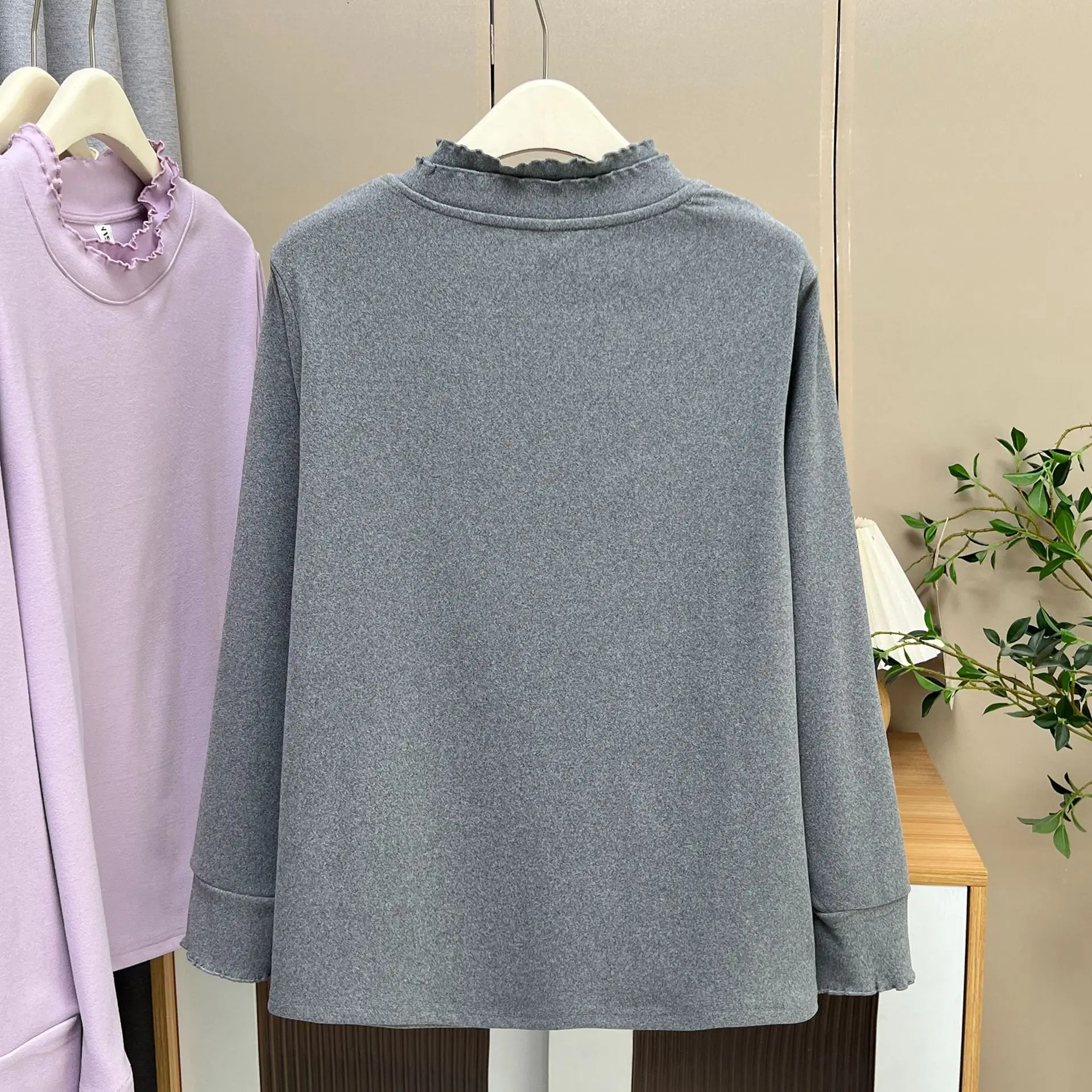 XXXXL موضة حجم كبير تي شيرت المرأة الخريف الشتاء أنيق مزدوج تكدرت طوق كم طويل دي المخملية الدافئة قاعدة القمم 2587 #6