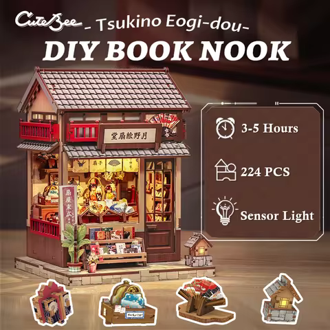 CUTEBEE DIY Book Nook Kit Miniature Model Wooden Dollhouse Japanese Style Bookshelf Insert Home Decor for Christmas Gift Idea