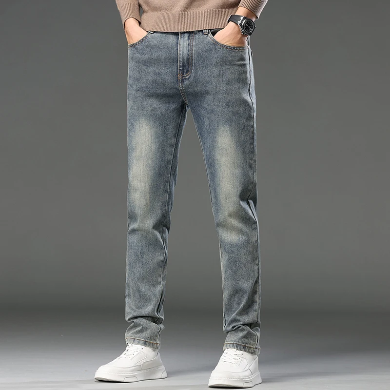 

Boutique denim men straight summer Slim elastic casual versatile youth washed pants