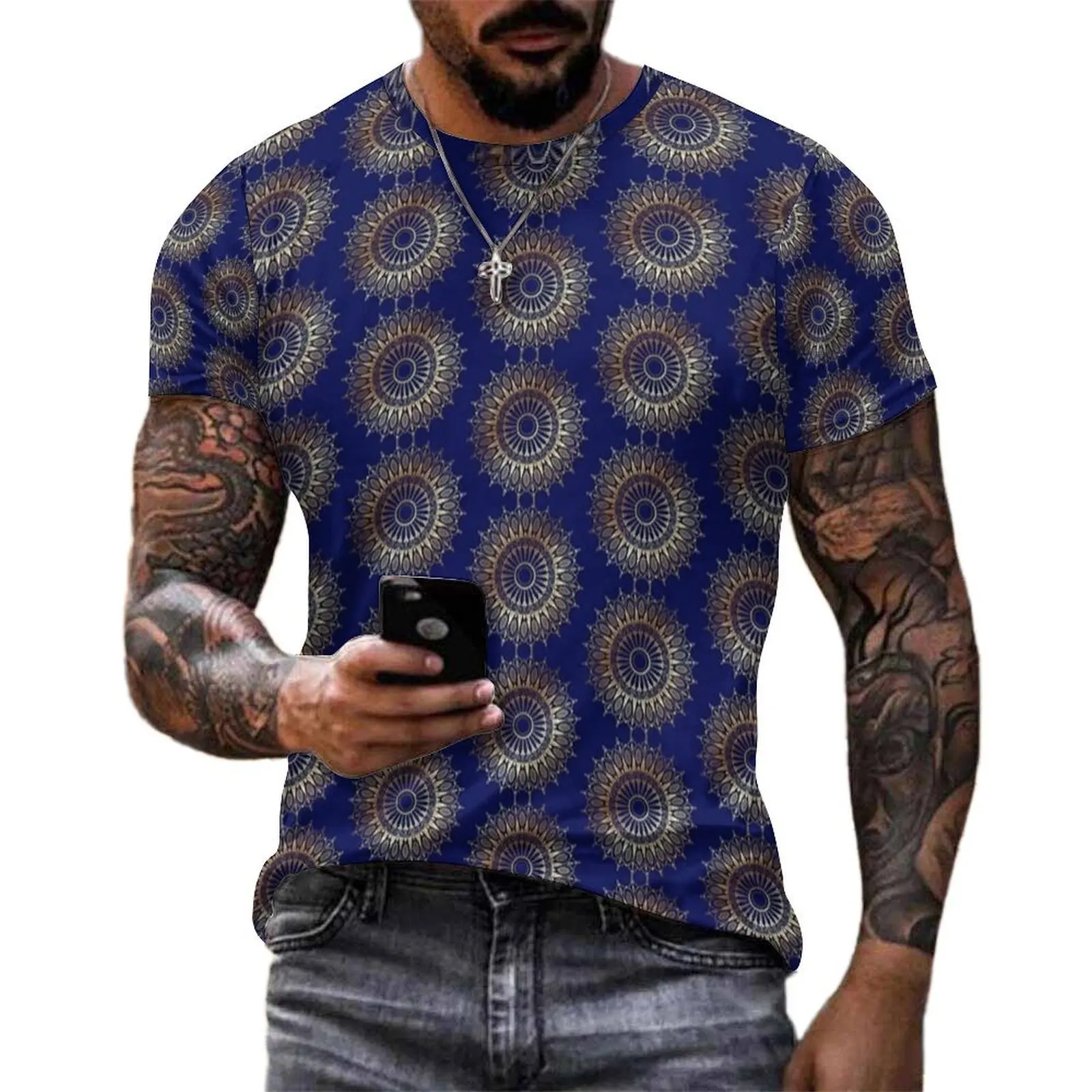 Man Circular Mandala Element T-Shirt  Novelty T-Shirts Short Sleeves Custom Tshirt Hot Premium Streetwear Oversized Clothing