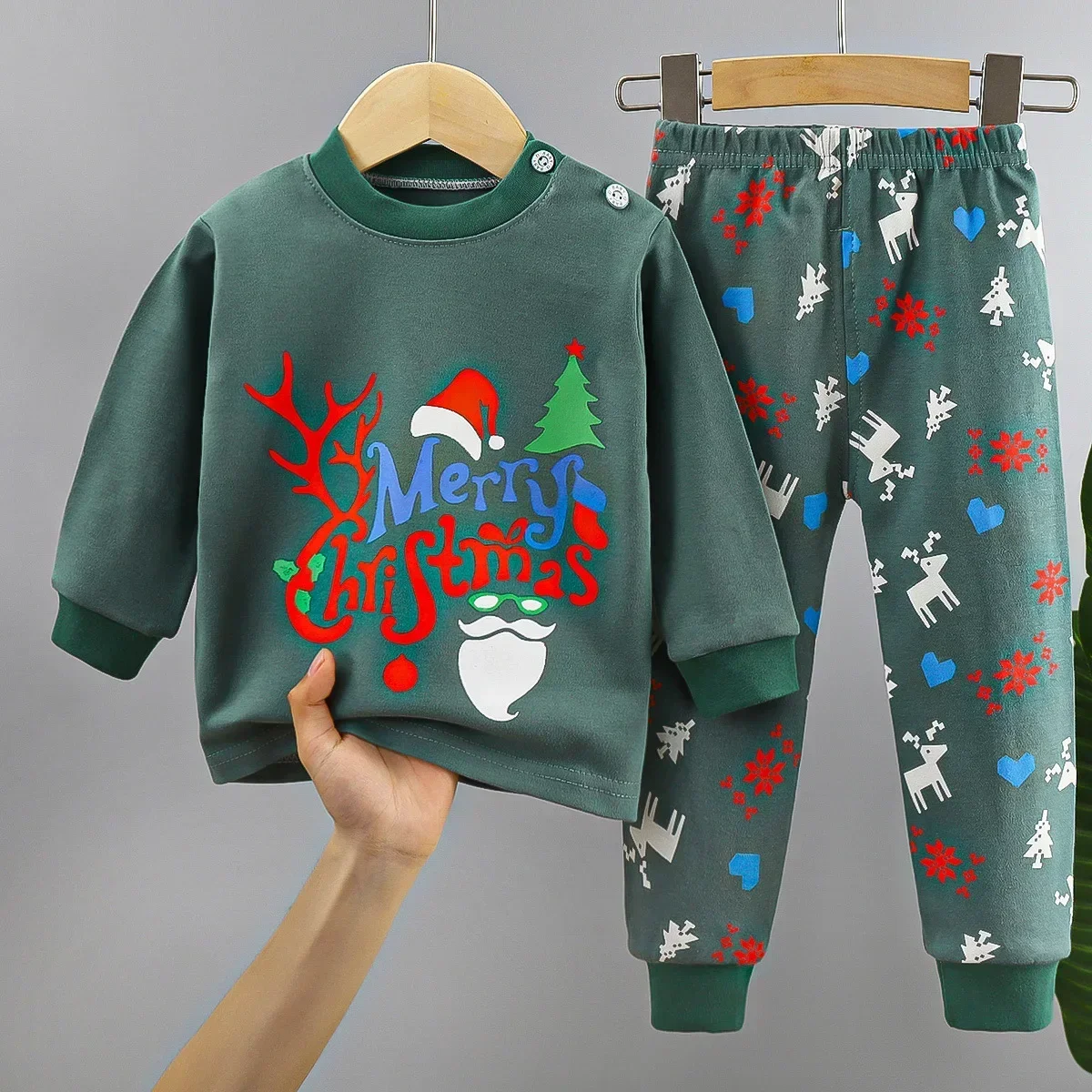 New Baby Boys Girls Christmas Warm Pajamas Kids Cartoon Xmas Print Long Sleeve Pyjamas Children\'s Autumn Sleepwear Clothing Sets