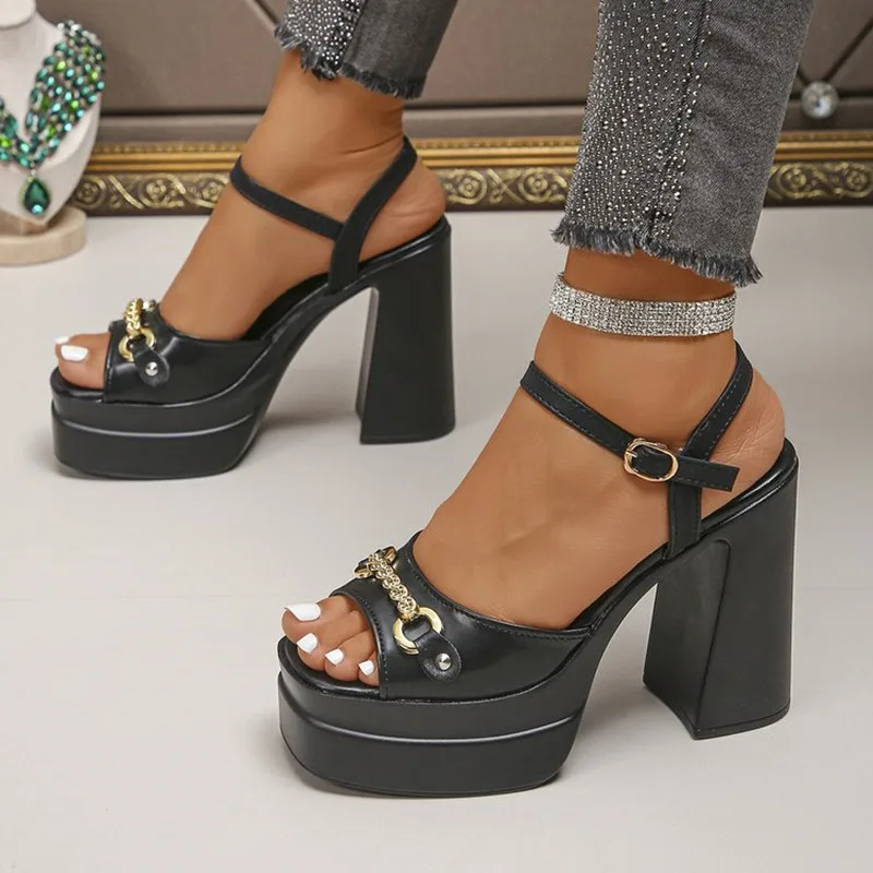 New 2026 Summer Products Square Head Hollow Thick Heel Leather High Heel Fish Mouth Women Shoes Plus Size Catwalk Sandals Trend - Image 2