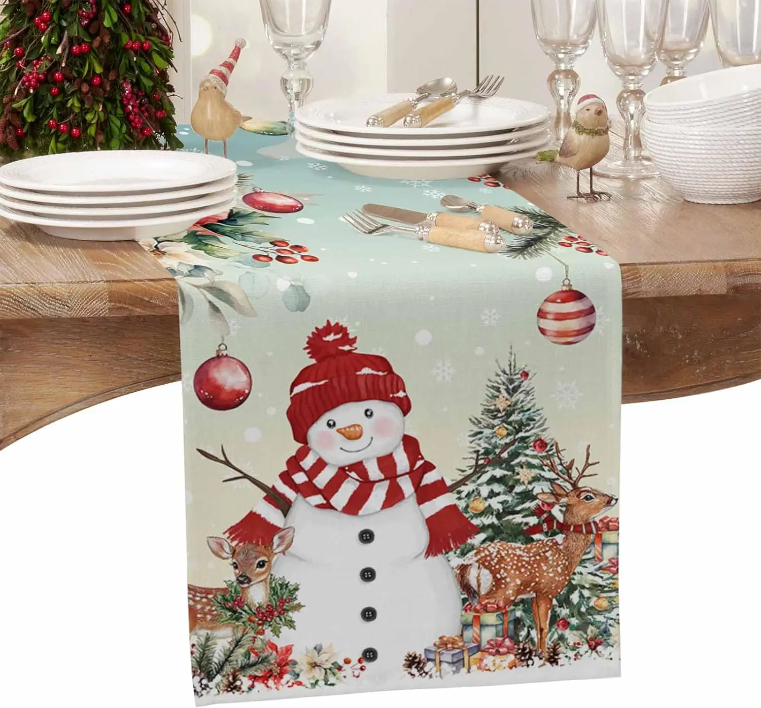 Christmas Turquoise Snowman Linen Table Runner Holiday Party Decor Winter Xmas Ball Kitchen Table Runner Christmas Decorations