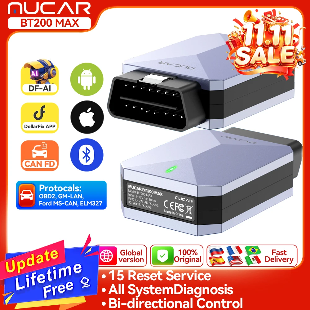 MUCAR BT200 MAX AI Assistant Car Diagnostic Tool CANFD Bi-Directional Full System Auto Diagnosis Scanner 15 Reset Lifetime Free