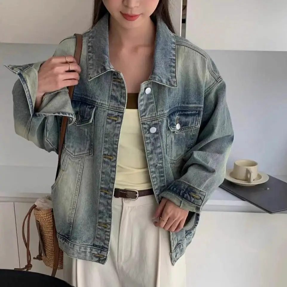 

Dimanaf 2024 New Women Blouse Coat Jackets Autumn Basic Denim Blue Vintage Outerwear Long Sleeve Loose Button Blouse