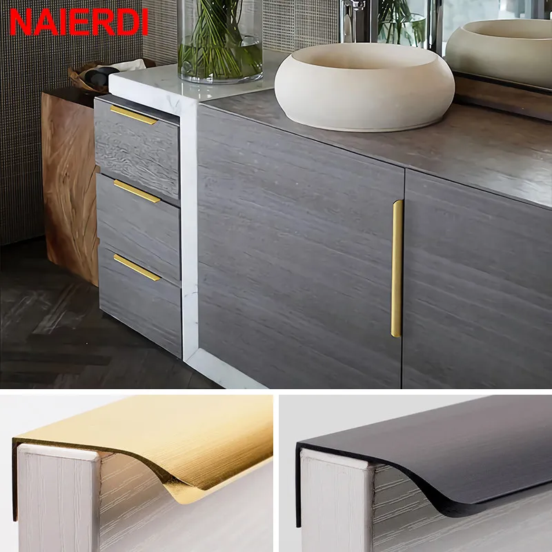 

NAIERDI Hidden Cabinet Pulls Gold Black Drawer Knobs Long Pull Hidden Handles Aluminum Alloy Kitchen Cupboard Furniture Hardware