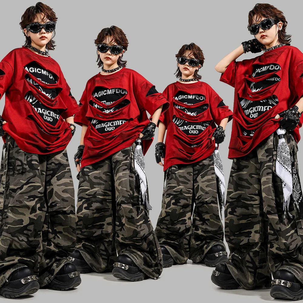 Kid KpopClothing Red Letters Ripped T Shirt Black Camouflage Pants for Girl Boy Hip Hop Dance Wear Costume Clothes