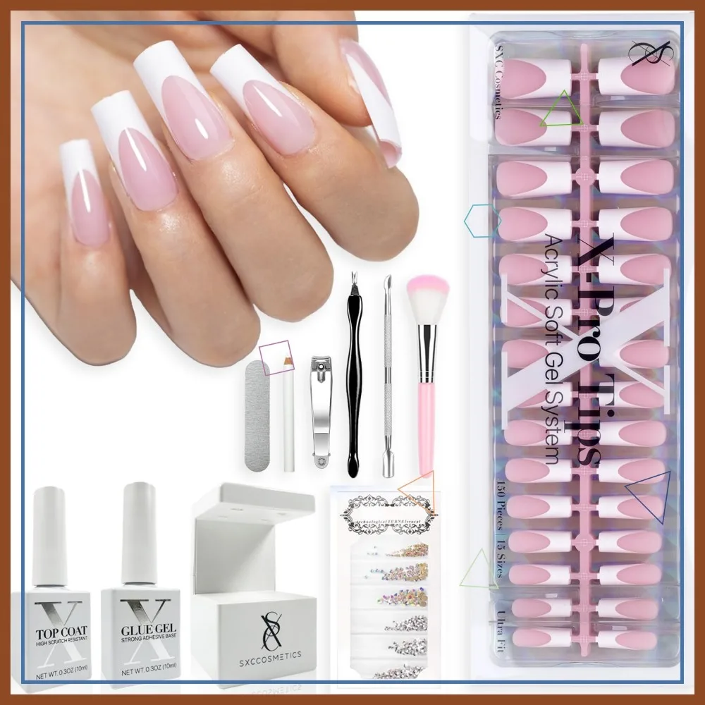 

French Tip Press On Nails Pink Series, Medium Square Starter Kit for Easy DIY Application