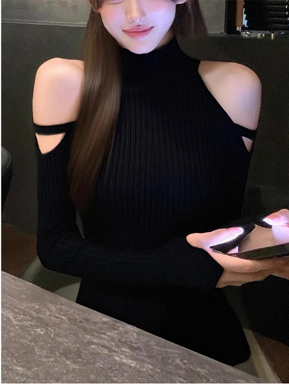 Black Sexy Hollow out One Shoulder Hanging Neck Top Women's Autumn New Light Maturity Style Slimming Shoulder Exposure Tight ...