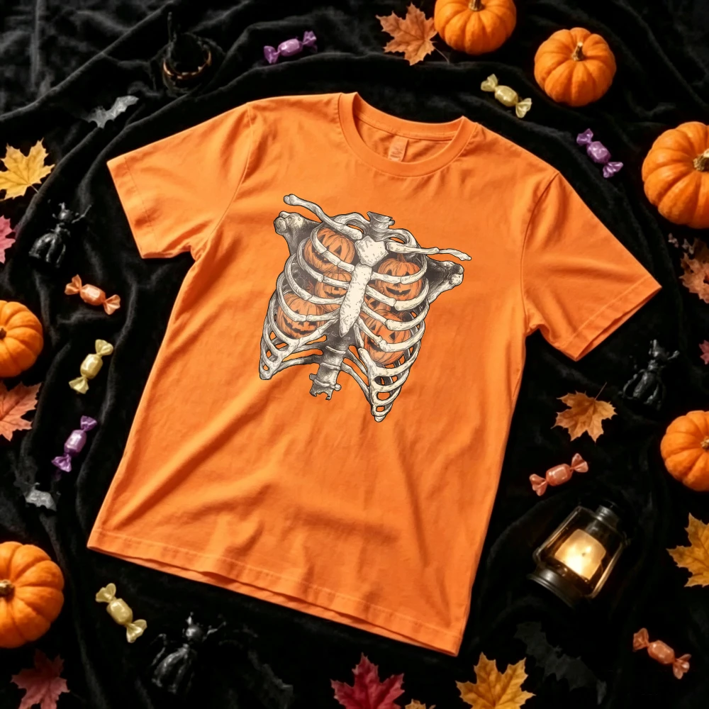 2026 Gothic Skeleton Ribcage Pumpkin Halloween T-Shirt Men Women Anatomical Jack O Lantern Graphic Tee Unisex Party Costume Top