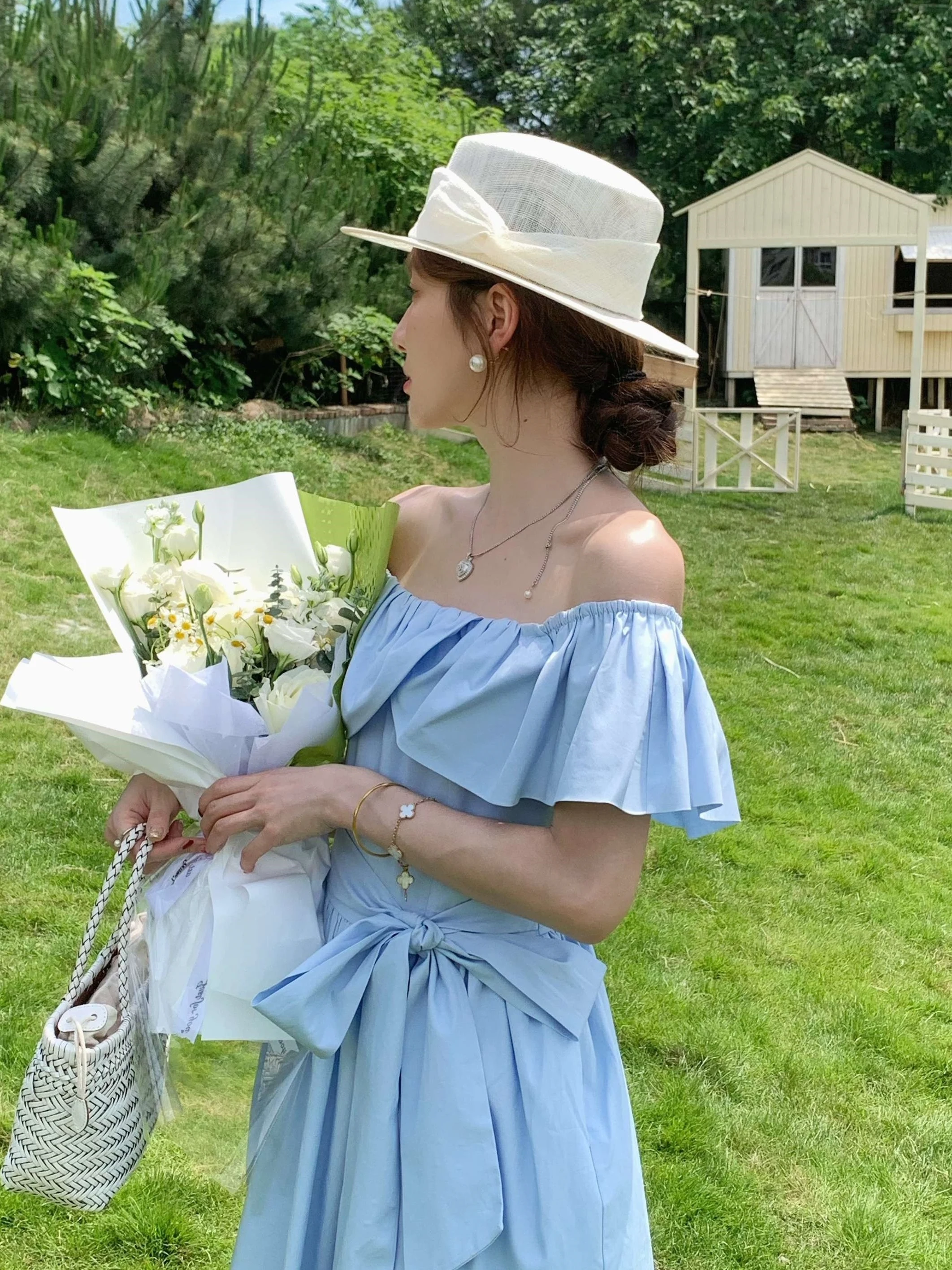 

Chen Fifteen Summer 25 "Dear" Double Color One oulder Ruffle Collar Knot Waist Cinching Dr Long Skirt