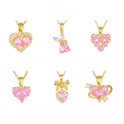 Stainless Steel Chain Romantic Pink Zircon Love Moon Pendant Necklaces for Women Girl Sweet Cute Accessories Jewelry Gift