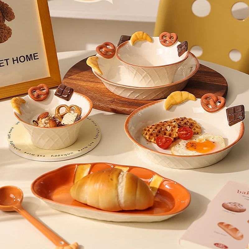 Creative Bread Shape Western Food Dinner Plate, Ceramic European Restaurant Kitchen Supplies, Breakfast, Dessert Salad bowl, 1Pc