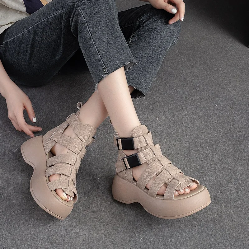 DRKANOL Handmade Women Sandals 2024 Retro Open Toe Summer Wedges Heel Shoes Women High Top Open Toe Platform Gladiator Sandals