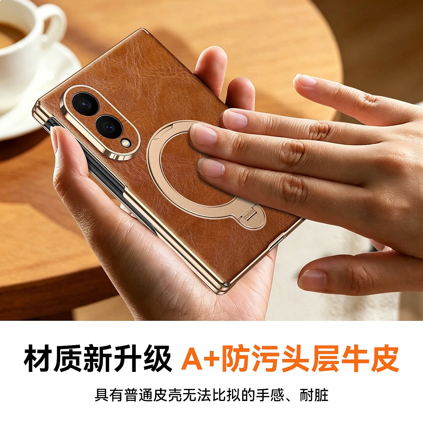 Luxury Magnetic Flip Case for Samsung Z Fold8/Fold7/W26, Gold Edge Wax Leather Wallet Stand Protective Cover