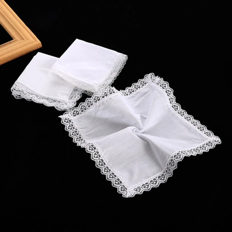 แบบพกพา Hankie ผู้หญิงผ้าเช็ดหน้าผ้าฝ้ายลูกไม้ Trim Super Soft Washable Hanky