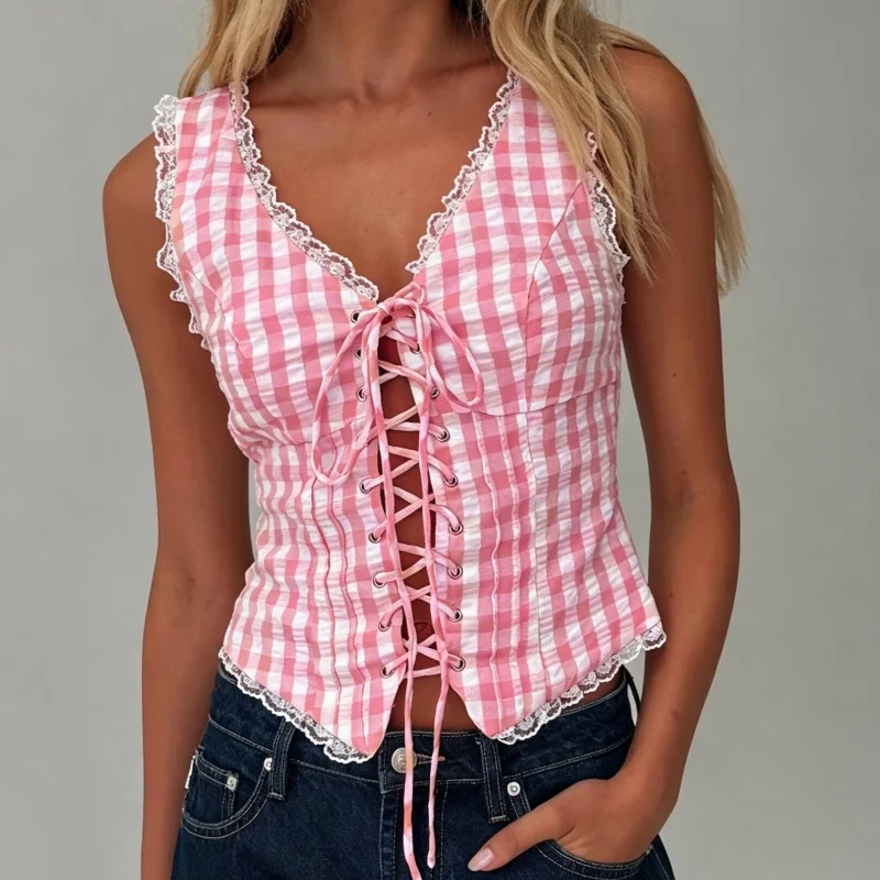 Women Y2K Vintage Gingham Corset Top Lace-up Front Bustier Tank Top Plaid Vest Lace Trim Cottagecore Slim Fit Going Out Camisole