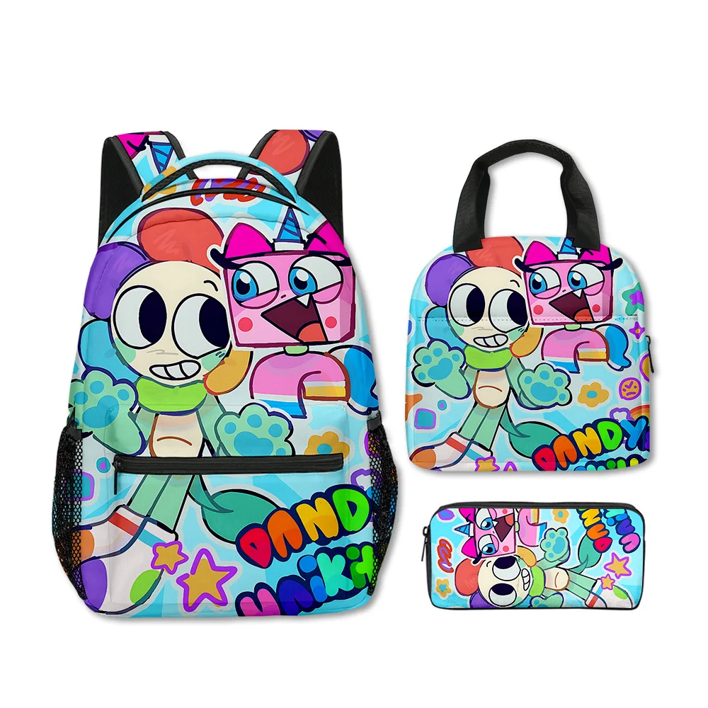 Popular Novelty Cool Dandy's World 3D Printed 3pcs/Set Student School Bags Laptop Backpack portable Lunch bag Pencil Case